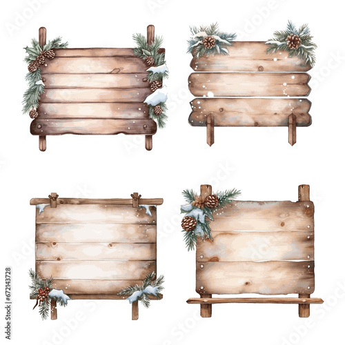 Wooden sign board with Christmas decor for greeting card design watercolor paint on white photo