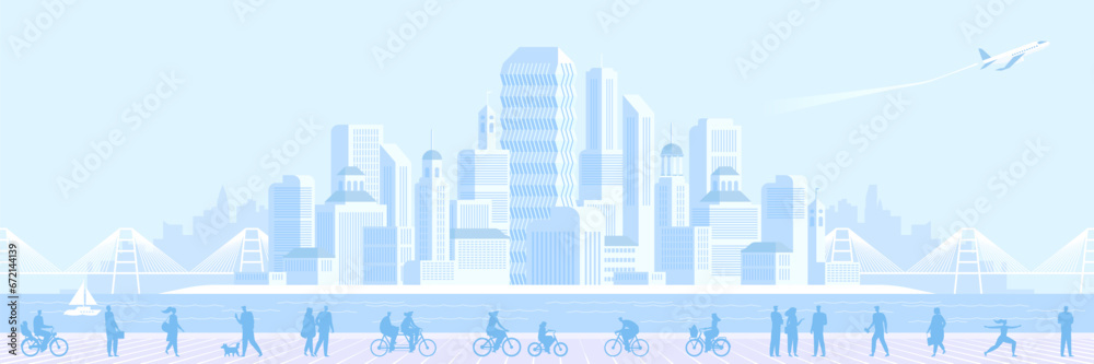 Daytime cityscape background. Monochrome urban landscape with clouds in the sky. Buildings and bridge at city view. Concept city and suburban life. Modern architectural flat style vector illustration