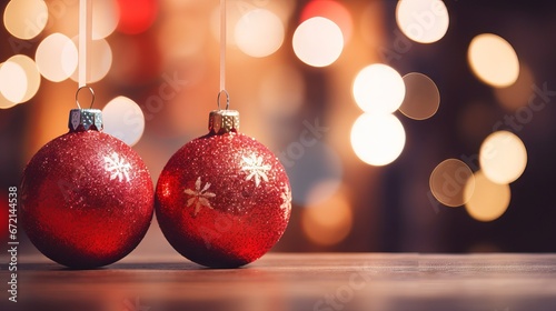 Christmas red ornament on wooden table with blurred lights background with copy space