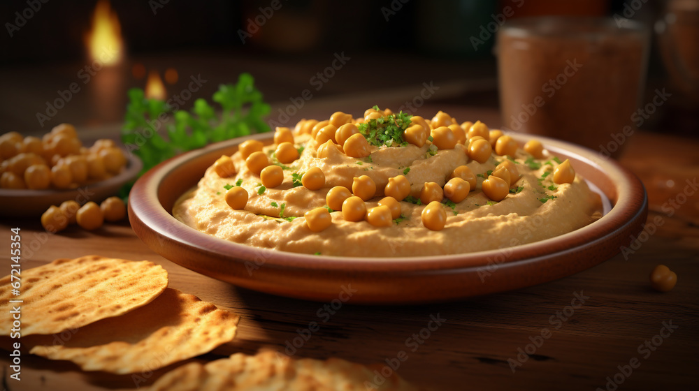 Chickpeas and hummus in a bowl, nearby pieces of bread tortillas and greens against the backdrop of a rustic house interior. Chickpeas and hummus in a bowl, nearby pieces of bread tortillas and greens against the backdrop of a rustic house interior.