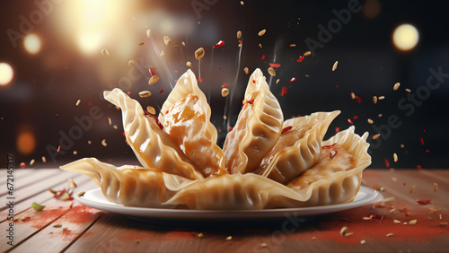 Creative image of rising Japanese dumplings surrounded by soy sauce drippings photo