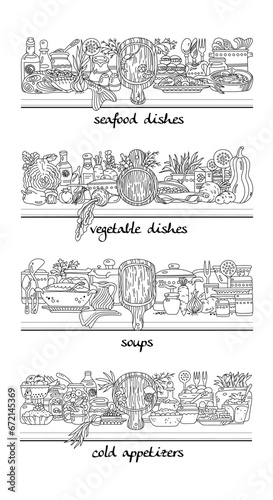 Set of 4 horizontal banners with different food for menu and cookbook decoration. Vector illustration