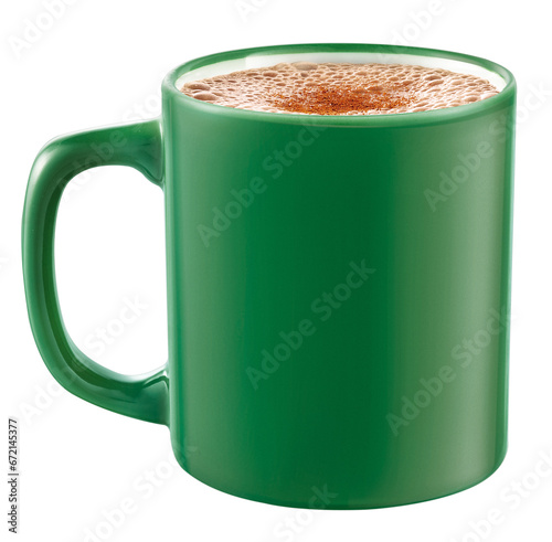 caneca verde com cappuccino com canela em pó isolado em fundo transparente - xícara com chocolate quente photo