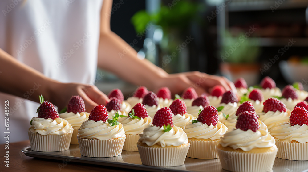 Woman decorating cupcakes with fresh raspberries, closeup