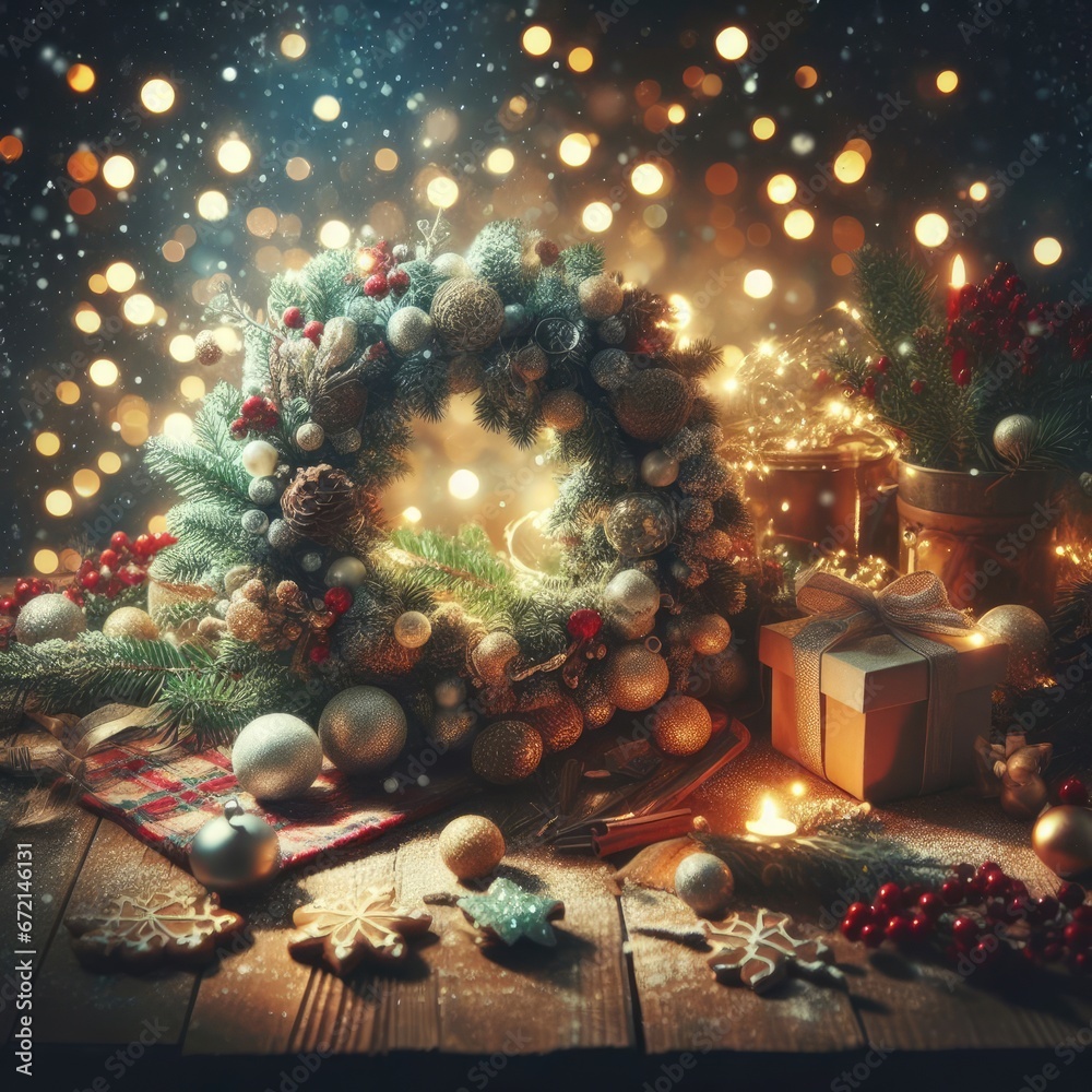 christmas wreath with candles background