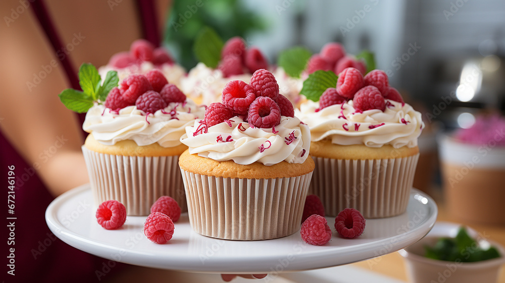 Delicious cupcakes with fresh raspberries on plate, closeup