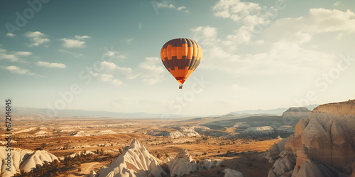 Hot air balloons cappadocia abstract pattern,There is a hot air balloon flying over a mountain range ,Horizons from Above Aerial Photography of Colorful Landscapes