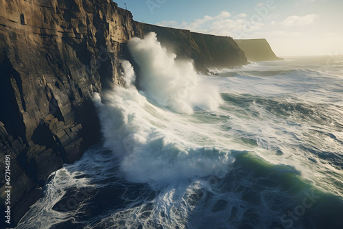 Dramatic coastal cliffs standing tall against the crashing waves, a testament to the raw power and beauty of the ocean, Generative Ai.NO.01