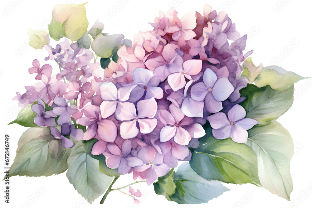 Obraz premium Watercolor hydrangea, lilac, hortensia on a white background. AI generated illustration.