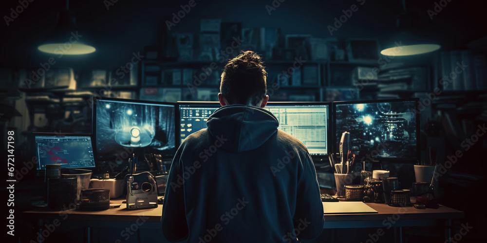 Tech Enthusiast Monitoring Global Data in a Dark Control Room. Hacker concept. Generative AI