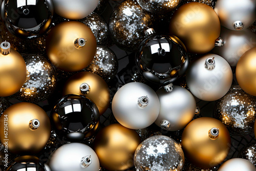 Colorful and decorative Christmas Baubles or glass balls in gold and silver colors. Seamless texture or tapestry.