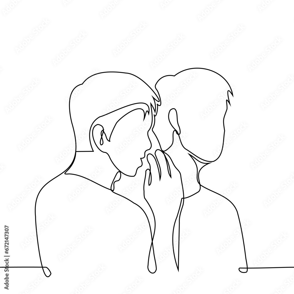 man whispers something in a another's man ear, hiding behind his palm - one line art vector. concept whisper, keep secrets