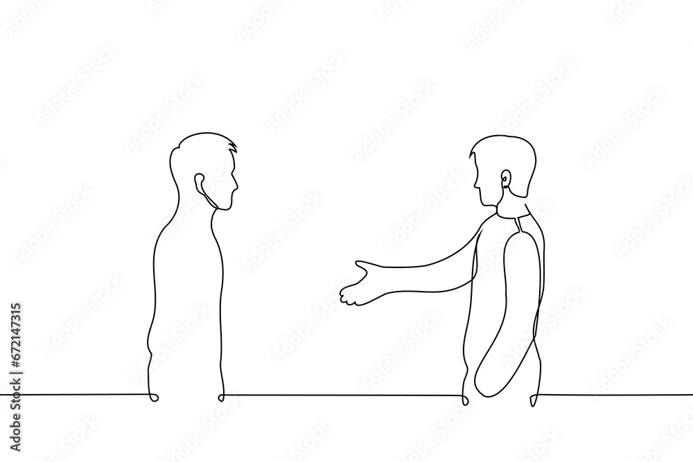 men stand opposite each other. one man extends his hand to another - one line art vector. concept reconcile first, go to a truce, agreement, acquaintance