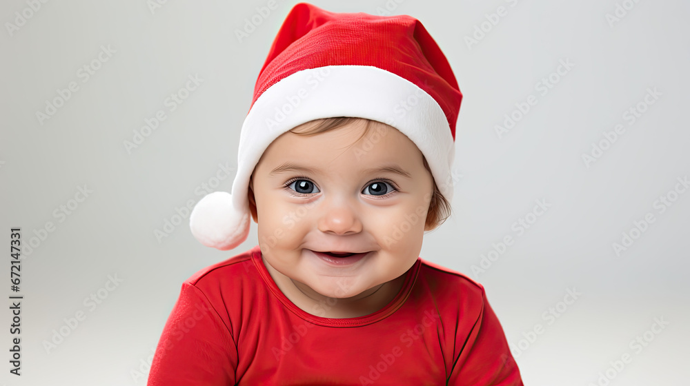 Cute baby wearing a red Santa's hat, Christmas banner Cute baby wearing a red Santa's hat, Christmas banner
