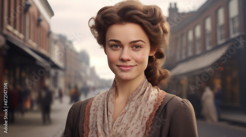 Victorian Grace: Portrait of a 19th Century Young British Lady on a City Street of Britain. photo