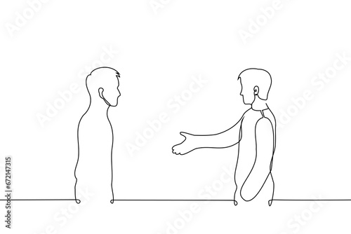 men stand opposite each other. one man extends his hand to another - one line art vector. concept reconcile first, go to a truce, agreement, acquaintance