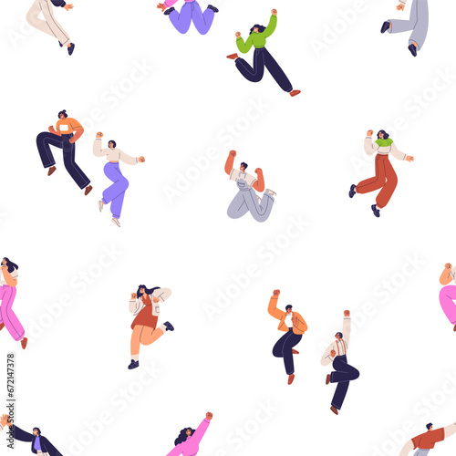 Happy characters, seamless pattern. Young people jumping from joy and fun, celebrating. Excited men, women exulting. Repeating print, endless background. Colored flat graphic vector illustration