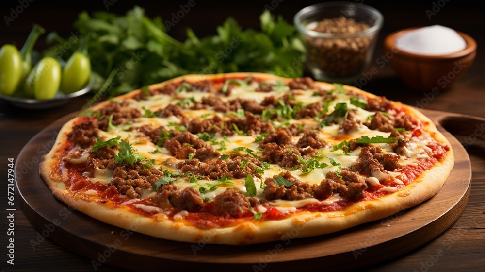 Lahmajun is a Turkish style of pizza topped with ground meat.