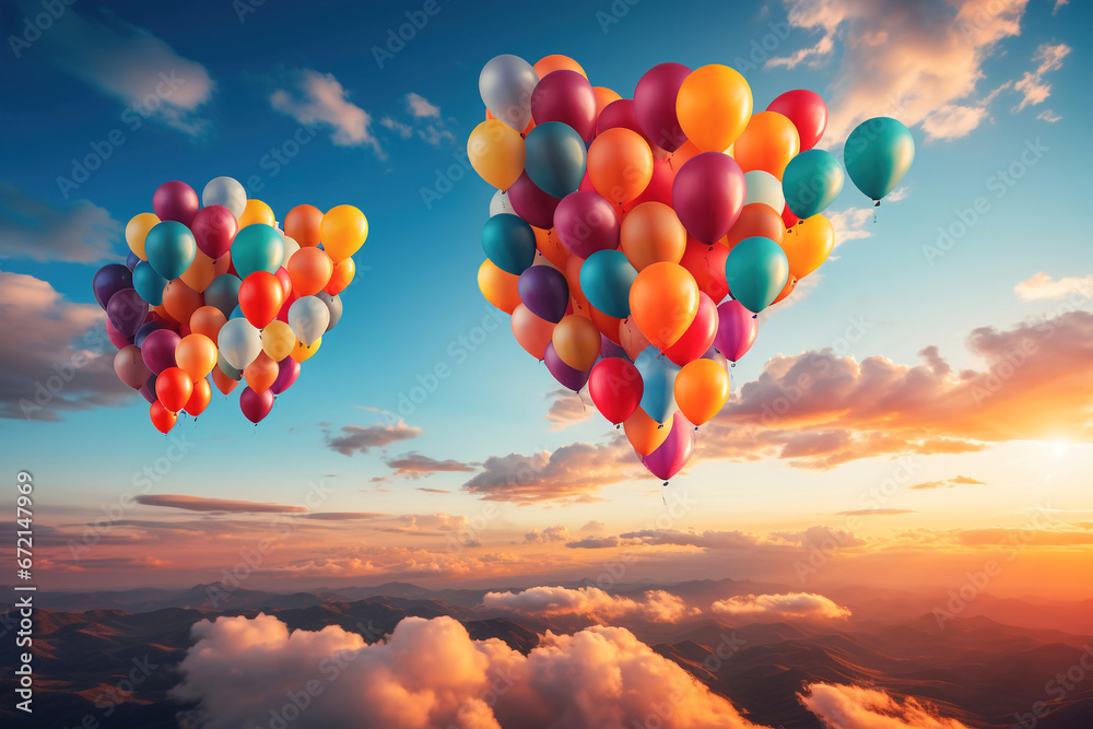 Obraz premium Colorful Celebration in the Blue Sky: Large Group of Helium Balloons in Mid-Air