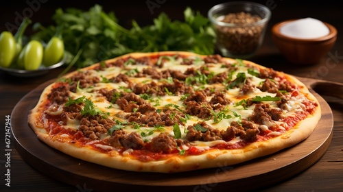 Lahmajun is a Turkish style of pizza topped with ground meat.