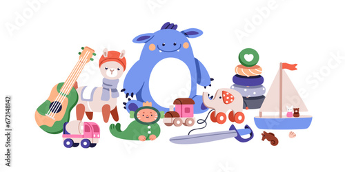 Cute toys for play and fun. Nursery and kindergarten items composition. Funny games, dinosaur, pyramid stacking, guitar, ship for baby. Kids flat vector illustration isolated on white background