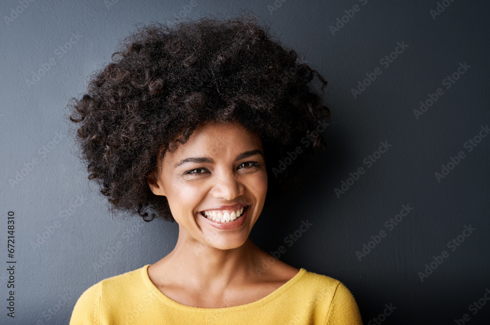 Happy, black woman and portrait of college student in studio, grey background or education mockup. African, face and person with smile for university, scholarship or happiness at academy for learning Happy, black woman and portrait of college student in studio, grey background or education mockup. African, face and person with smile for university, scholarship or happiness at academy for learning