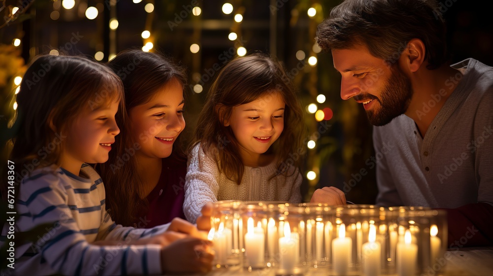 Israeli Jewish family lighting all menorah candles on the 8th day of the Jewish occasion of Hanukkah