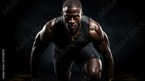 African american athlete ready to run on dark background with copy space