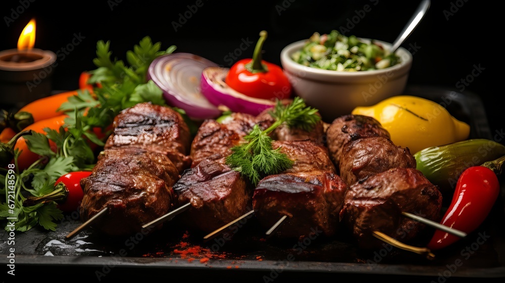 Grouped meat kebab with onions herbs and flame broiled vegetables