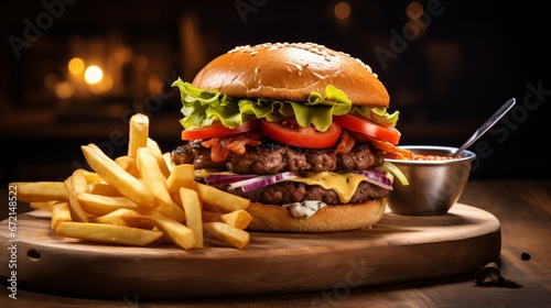Hamburger doner with bread stuffed with potato, fries served on wood board photo