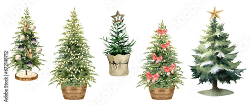 Christmas Tree set. Watercolor painted illustration.  Decorated with baubles and lights garland. Modern graphic for holiday cards and invitations. Isolated on transparent background PNG photo