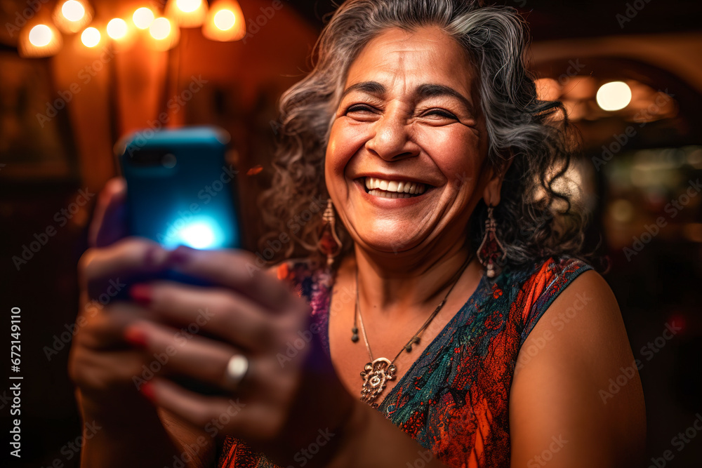 Generative AI image of smiling elderly female in gray curly hair looking at screen of smartphone while standing and taking selfie during night against blurred illuminated lights Generative AI image of smiling elderly female in gray curly hair looking at screen of smartphone while standing and taking selfie during night against blurred illuminated lights