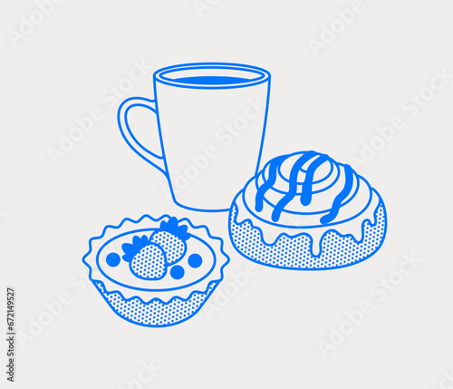 Tart with a strawberry, cinnamon bun, and a cup of coffee. Line art, retro. Vector illustration for bars, cafes, and restaurants.