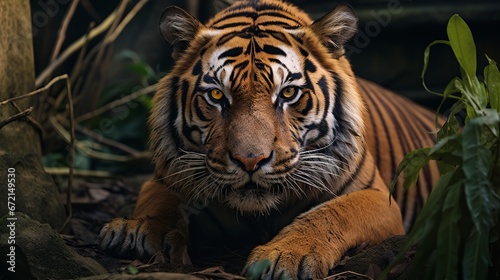 Near up confront tiger confined on dark foundation