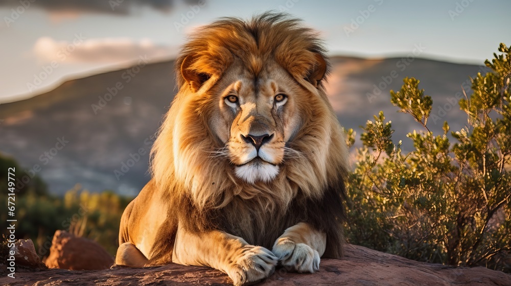 Obraz premium Lion male having a rest lying on the mountain