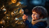 Lovable 3 year ancient little child boy brightening Christmas tree