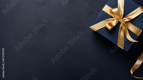 Dark blue gift box with gold ribbon on dark background. Birthday or Christmas present with copy space for text.