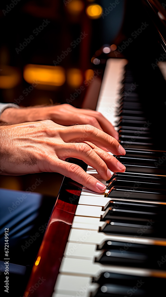 Obraz premium Hands playing the Piano. Close up. Concept of playing music and learning to play the piano. Shallow field of view.