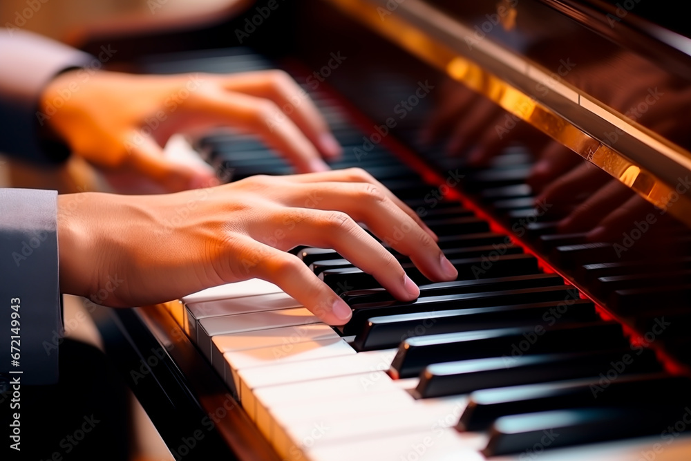 Obraz premium Hands playing the Piano. Close up. Concept of playing music and learning to play the piano. Shallow field of view.
