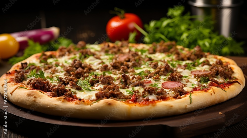 Lahmajun is a Turkish style of pizza topped with ground meat.