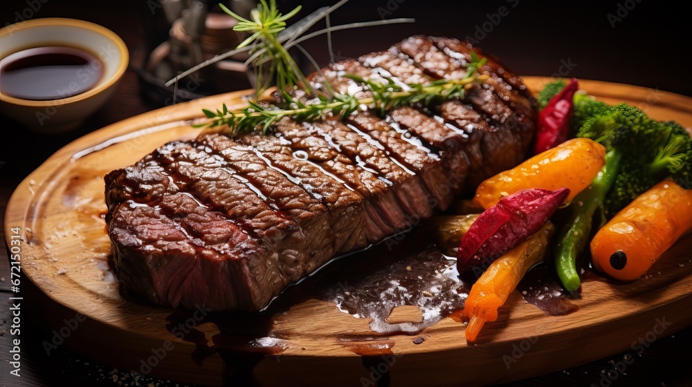 Succulent steak medium uncommon meat with flavors and barbecued vegetables.