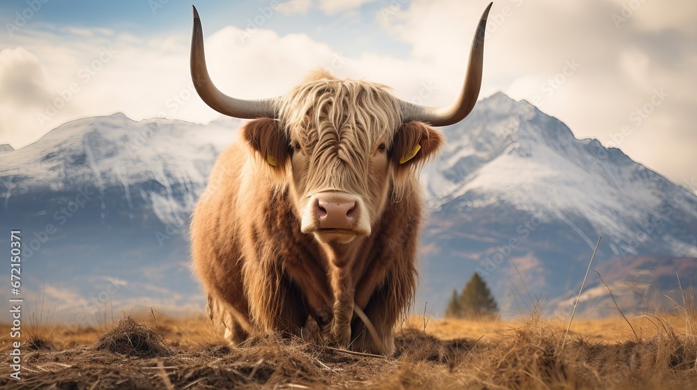 Shallow centered shot of a soft good country bovine with long horns, obscured mountain within the foundation Shallow centered shot of a soft good country bovine with long horns, obscured mountain within the foundation