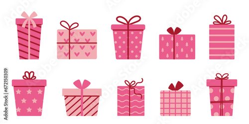 Vector pink gift box set. Holiday presents in festive paper wrapping with ribbon bows. Collection of Valentines day or Birthday gifts.