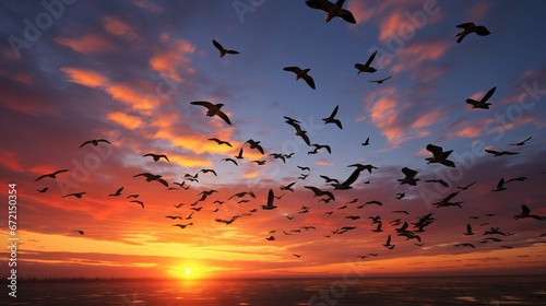 See of a run of fowls flying into a wonderful sky amid nightfall
