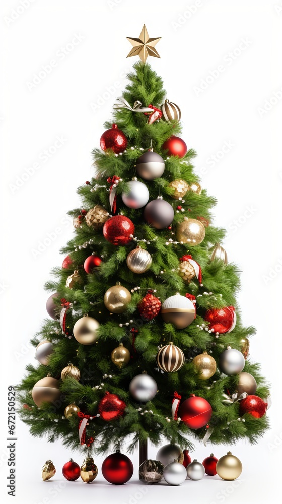 Decorated Christmas tree with colorful lights and ornaments on white background