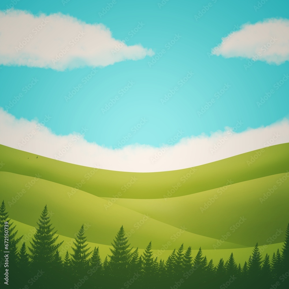 Natural Green Field Landscape Natural View on Blue Sky Graphic Cartoon Wallpaper Background