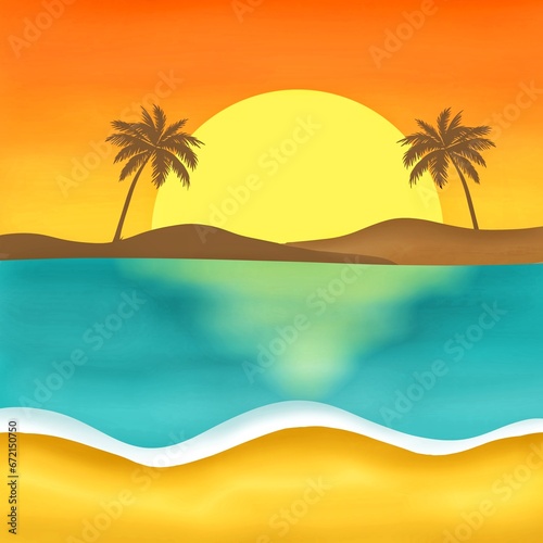 Mountain Island with Palm Trees Landscape Natural View on Sunset Sky Graphic Cartoon Wallpaper Background © Jittiwan