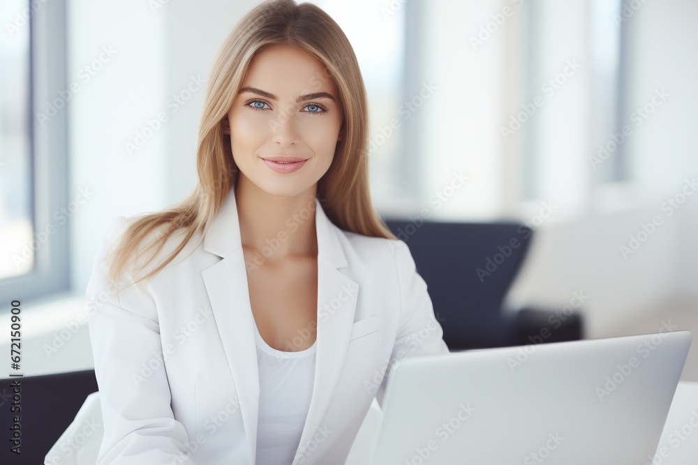 smartly dressed female business woman working in an office, minimalistic, bright lighting smartly dressed female business woman working in an office, minimalistic, bright lighting