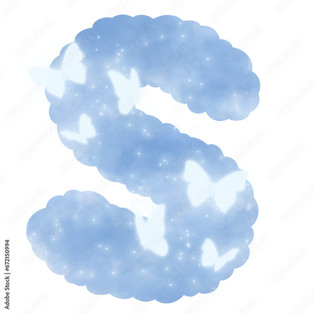 cloud blue S alphabet with butterflies and sparkles cloud blue S alphabet with butterflies and sparkles