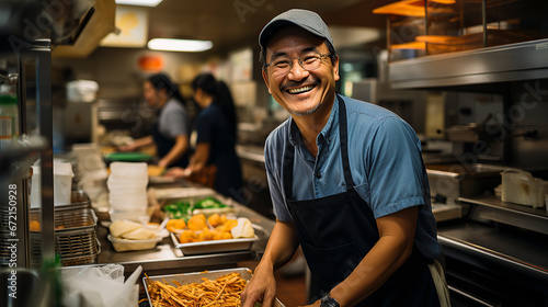 portrait of an asian smiling chef working in a restaurant kitchen